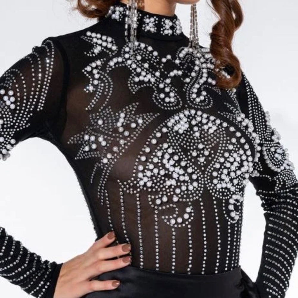 Mesh rhinestone and pearl bodysuit